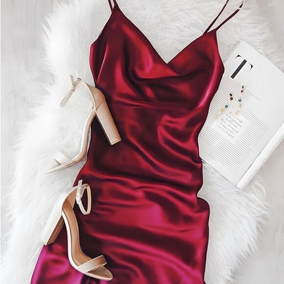 Silk Dress Mini Cocktail Party Dresses Cowl Neck Satin Dress for Women Slip Wedd - Picture 2 of 4